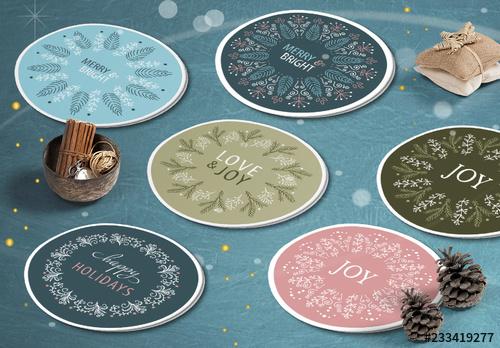 Round Christmas Sticker Layout Set with Intricate Wreath Illustrations - 233419277 - 233419277