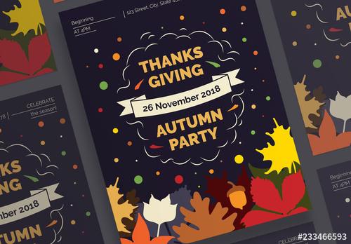 Thanksgiving Poster Layouts with Colored Leaves and Corn Elements - 233466593 - 233466593