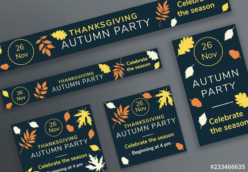 Thanksgiving Web Banner Layouts with Colored Leaf Elements - 233466635 - 233466635