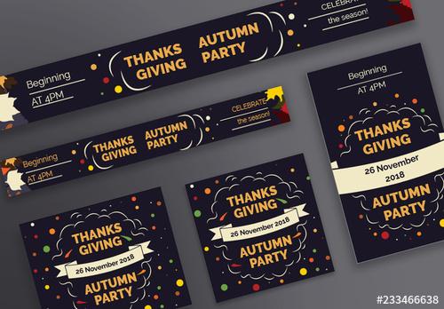 Thanksgiving Web Banner Layouts with Colored Leaves and Corn Elements - 233466638 - 233466638