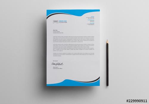 Letterhead Layout with Blue Header and Footer - 229990911 - 229990911