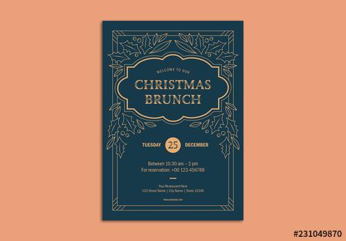 Christmas Brunch Flyer Layout with Holly Illustrations - 231049870 - 231049870