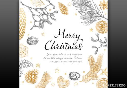 Holiday Card Layout with Hand-Drawn Illustrations - 231783200 - 231783200