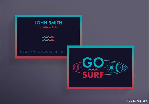 Business Card Layout with Surfboard and Wave Elements - 224750143 - 224750143