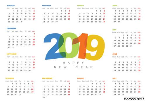 2019 Calendar Layout with Colorful Text - 225557657 - 225557657