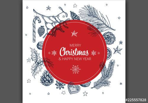 Christmas Card Layout with Hand-Drawn Illustrations - 225557828 - 225557828