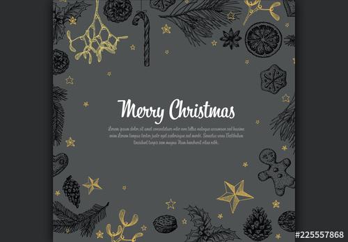 Christmas Card Layout with Hand-Drawn Illustrations - 225557868 - 225557868