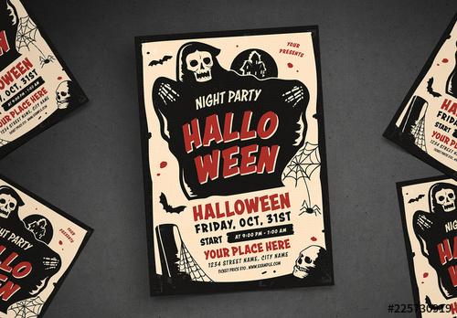 Halloween Party Flyer Layout with Grim Reaper Illustration - 225730919 - 225730919