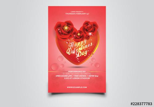 Valentine's Day Party Flyer Layout with Heart and Rose Elements - 228377783 - 228377783