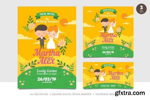 Cute Couple Wedding Invitation Set Template