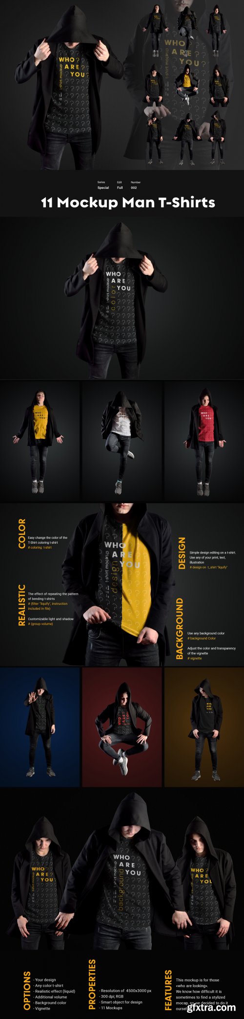 11 Mockups Man T-Shirts in a Black Hood Mantle