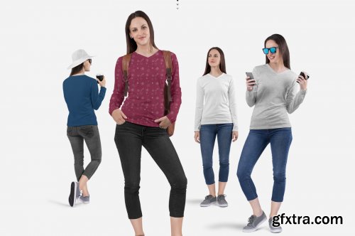 Women's V Neck Long Sleeve Shirt Mockup Set