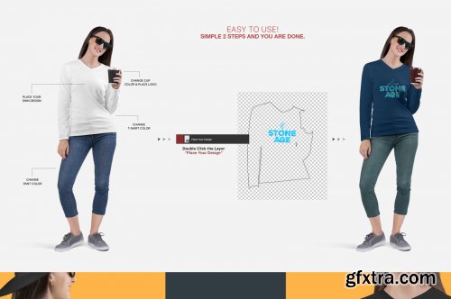 Women's V Neck Long Sleeve Shirt Mockup Set