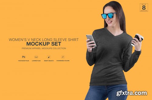 Women's V Neck Long Sleeve Shirt Mockup Set