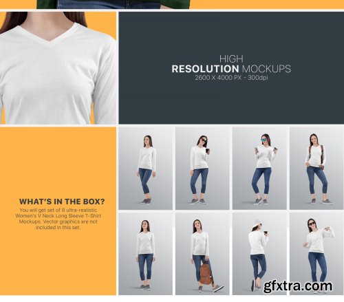 Women's V Neck Long Sleeve Shirt Mockup Set