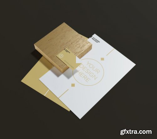 A4 Paper Mockup With Couple Business Card Wood Block