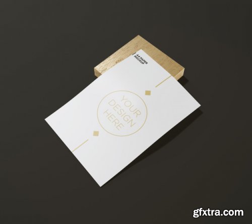 A4 Paper Mockup With Couple Business Card Wood Block
