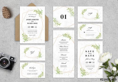 Wedding Stationery Layout with Leaves and Geometric Shapes - 216032409 - 216032409