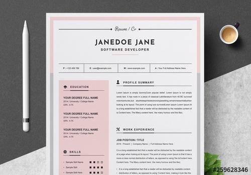 Resume and Cover Letter Layout with Pink and Gray Accents - 259628346 - 259628346