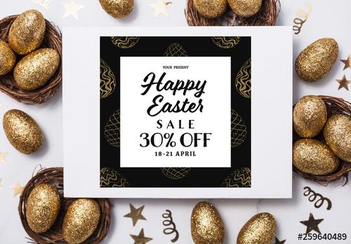 Easter Sale Banner with Gold Patterned Eggs - 259640489 - 259640489