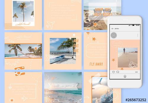 Set of 15 Social Media Posts Layouts with Hand Drawn Travel Doodles - 265673252 - 265673252