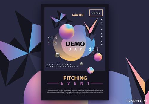 Dark Futuristic Flyer Layout with Colorful Gradient 3D Geometric Accents - 266993171 - 266993171