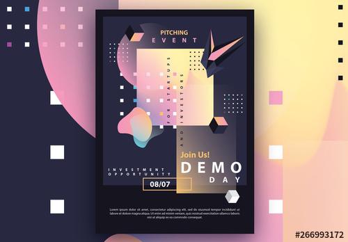 Dark Futuristic Flyer Layout with Light Gradient 3D Geometric Accents - 266993172 - 266993172