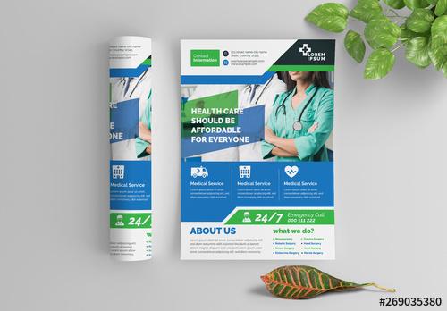 Blue and Green Health Care Flyer Layout with Graphic Icons - 269035380 - 269035380