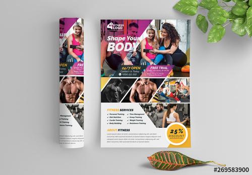 Fitness Flyer Layout with Purple and Yellow Accents - 269583900 - 269583900