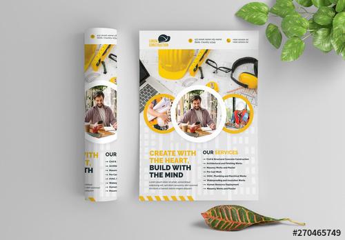 Building Flyer Layout with Yellow Accents and Circular Photo Elements - 270465749 - 270465749