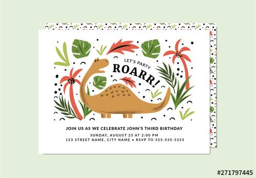 Dinosaur Party Invitation Layout with Graphic Illustrations - 271797445 - 271797445