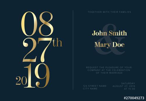 Navy Blue Wedding invitation Layout with Golden Typography Elements - 270049273 - 270049273