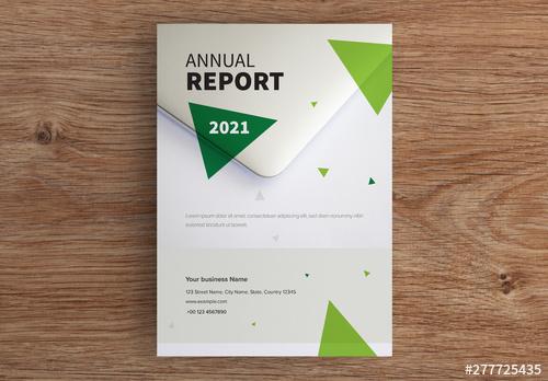 Annual Report Cover Layout with Green Triangles and Photo of a Laptop - 277725435 - 277725435