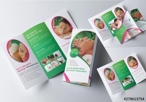 Tri-Fold Brochure Layout with Green and Pink Elements - 278613754 - 278613754