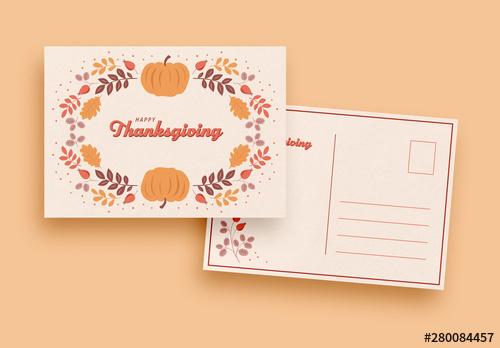 Thanksgiving Card Layout with Leaf and Pumpkin Illustrations - 280084457 - 280084457