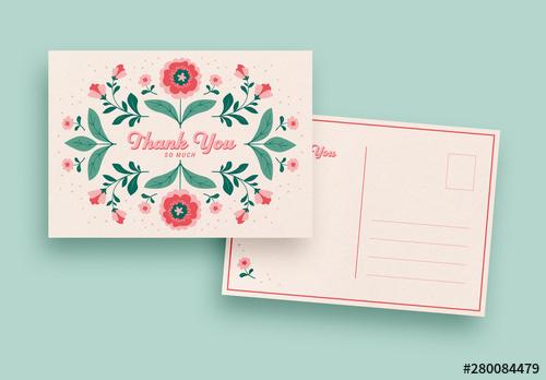 Thank You Card Layout with Floral Illustrations - 280084479 - 280084479