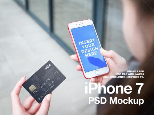 iPhone 7 RED Mockup with credit card - iphone-7-red-mockup-with-credit-card