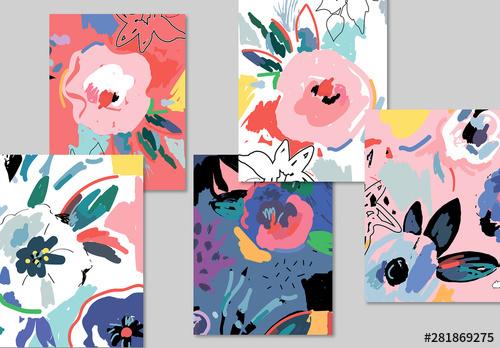 Card Layout Set with Abstract Flower Illustrations - 281869275 - 281869275