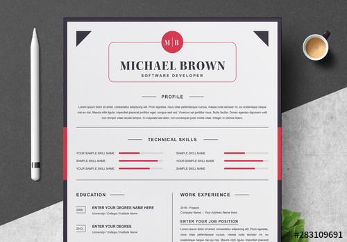 Resume Layout Set with Black & Red Border - 283109691 - 283109691