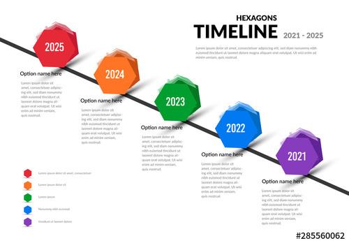 Timeline Layout with 5 Colorful Hexagons - 285560062 - 285560062