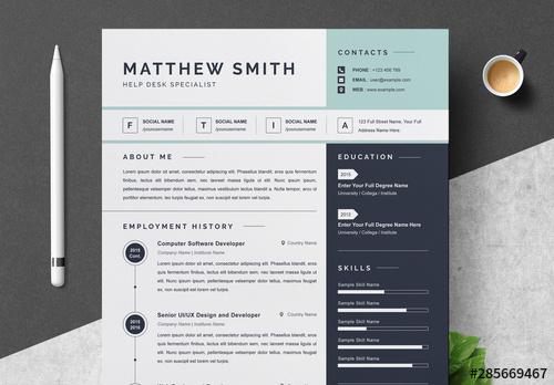 Resume and Cover Letter Layout with Blue Sidebar and Accents - 285669467 - 285669467