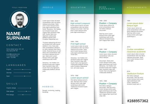 Horizontal Resume Layout with Blue Elements - 288957362 - 288957362