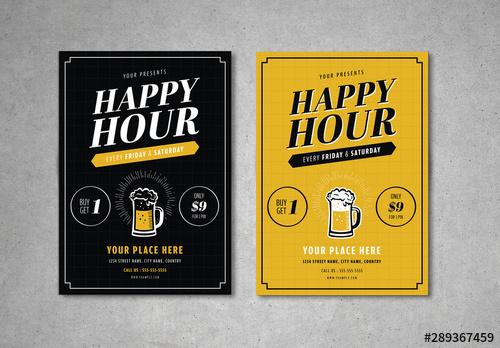 Happy Hour Flyer Layout with Yellow Elements - 289367459 - 289367459