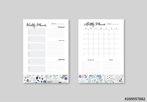 Weekly and Monthly Planner Layout with Illustrative Elements - 289557882 - 289557882