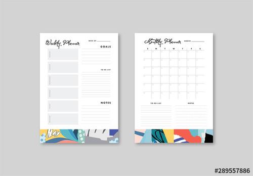 Weekly and Monthly Planner Layout with Illustrative Elements - 289557886 - 289557886