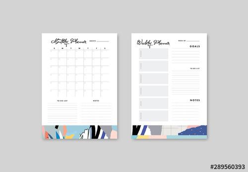 Weekly and Monthly Planner Layout with Illustrative Elements - 289560393 - 289560393