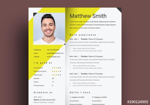 Resume Layout with Yellow Accent and Triangles - 290124955 - 290124955