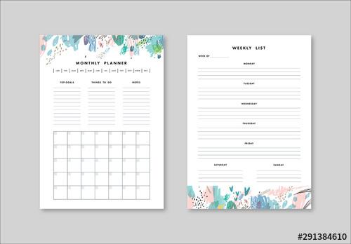 Weekly and Monthly Planner Layout with Illustrative Elements - 291384610 - 291384610