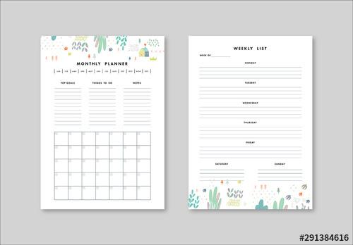 Weekly and Monthly Planner Layout with Illustrative Elements - 291384616 - 291384616