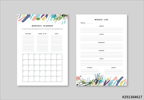 Weekly and Monthly Planner Layout with Illustrative Elements - 291384617 - 291384617